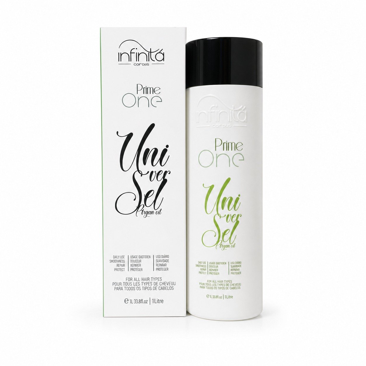 Bouteille verte de lissage au tanin Prime One Universel Infinita 1 litre sur fond blanc